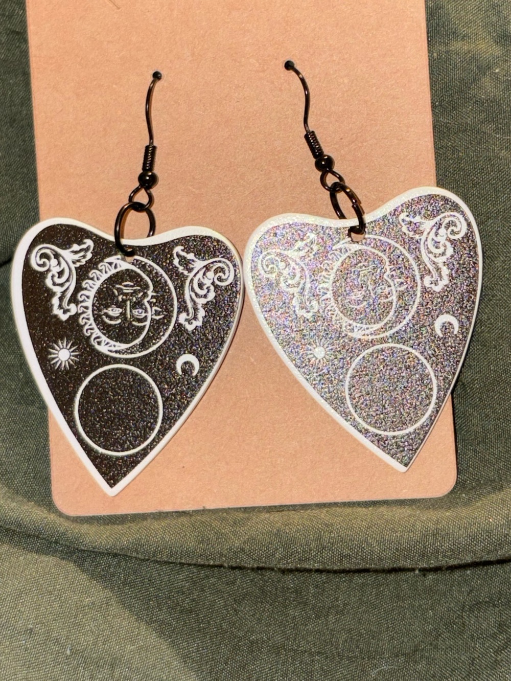 Heart-Shaped Moon Phase Dangle Earrings - Glitter Silver